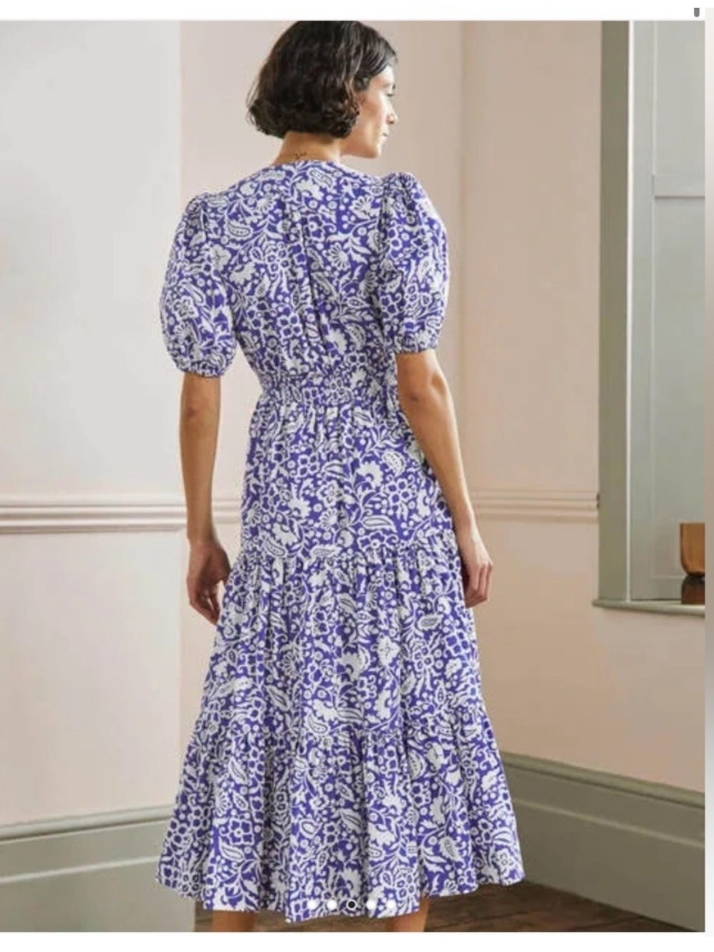Boden Puff Sleeve Tiered Midi Dress 6 Blue Floral Cotton V Neck - Picture 8 of 11